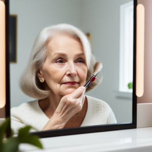 An elderly woman looking at herself in a mirror