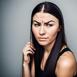 A woman suffering from Trichotillomania, she is looking distressed and tugging at her black hair