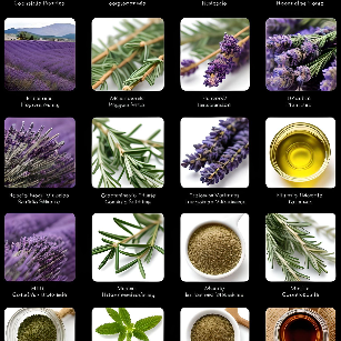 A variety of essential oils with images of lavender fields, rosemary sprigs, and other key ingredients.