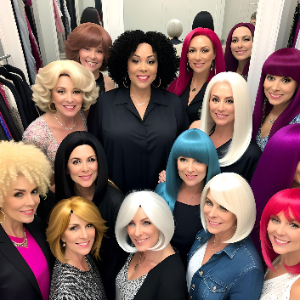 A group of women, from various backgrounds, posing in various colored wigs