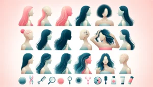 A modern mage illustrating the different types of Alopecia, including patchy hair loss, total scalp hair loss, body-wide 