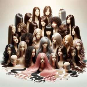 An image depicting a variety of wigs, natural looking, elegant, sleek wigs and hair extensions of different shapes and sizes, placed against a minimalist background. The image should convey a sense of hope and the diverse range of solutions available for hair loss, suitable for a blog post discussing personal experiences with these products.